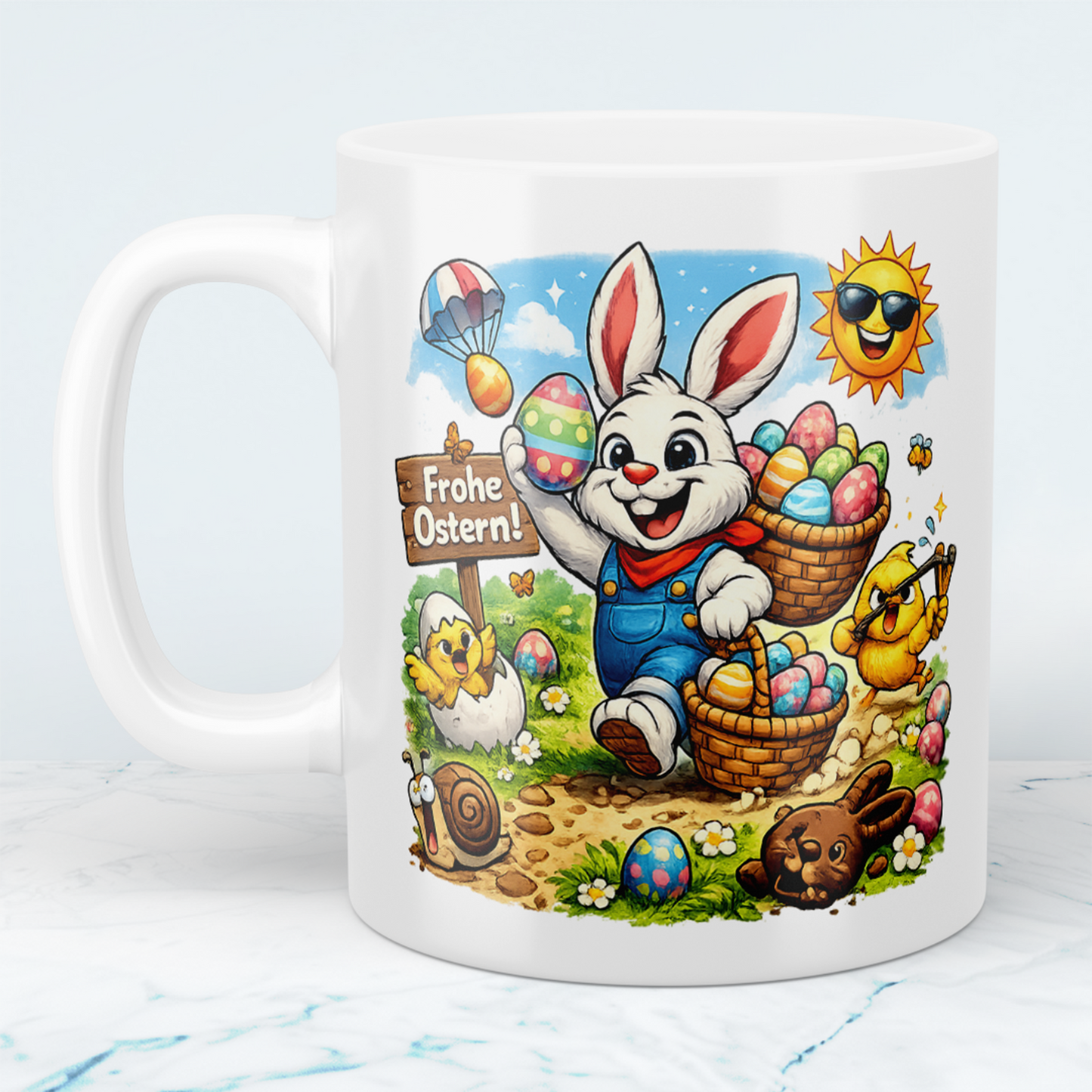 Frohe Ostern Tasse mit Osterhase – Süße Ostertasse mit bunten Eiern – Geschenkidee zu Ostern