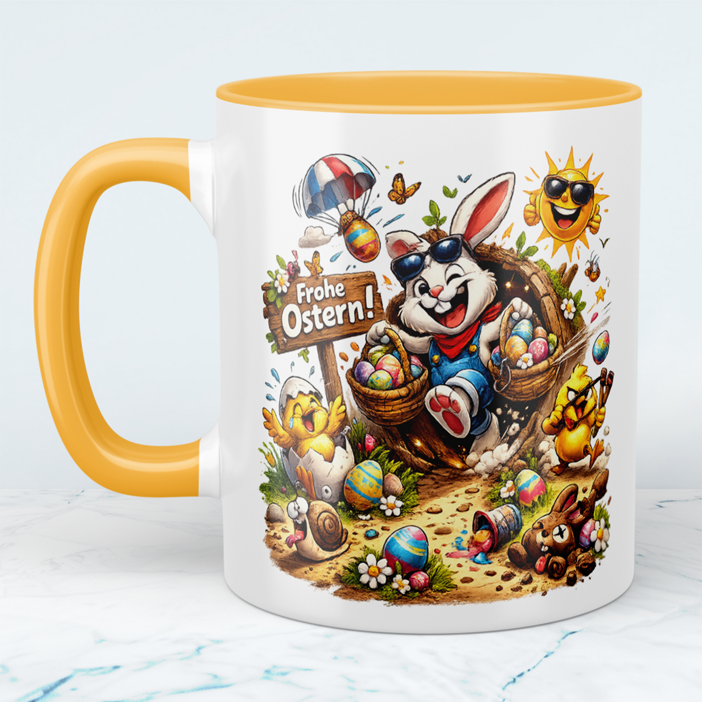 Frohe Ostern Tasse mit Osterhase & Küken – Lustiges Ostergeschenk für Kinder & Familie