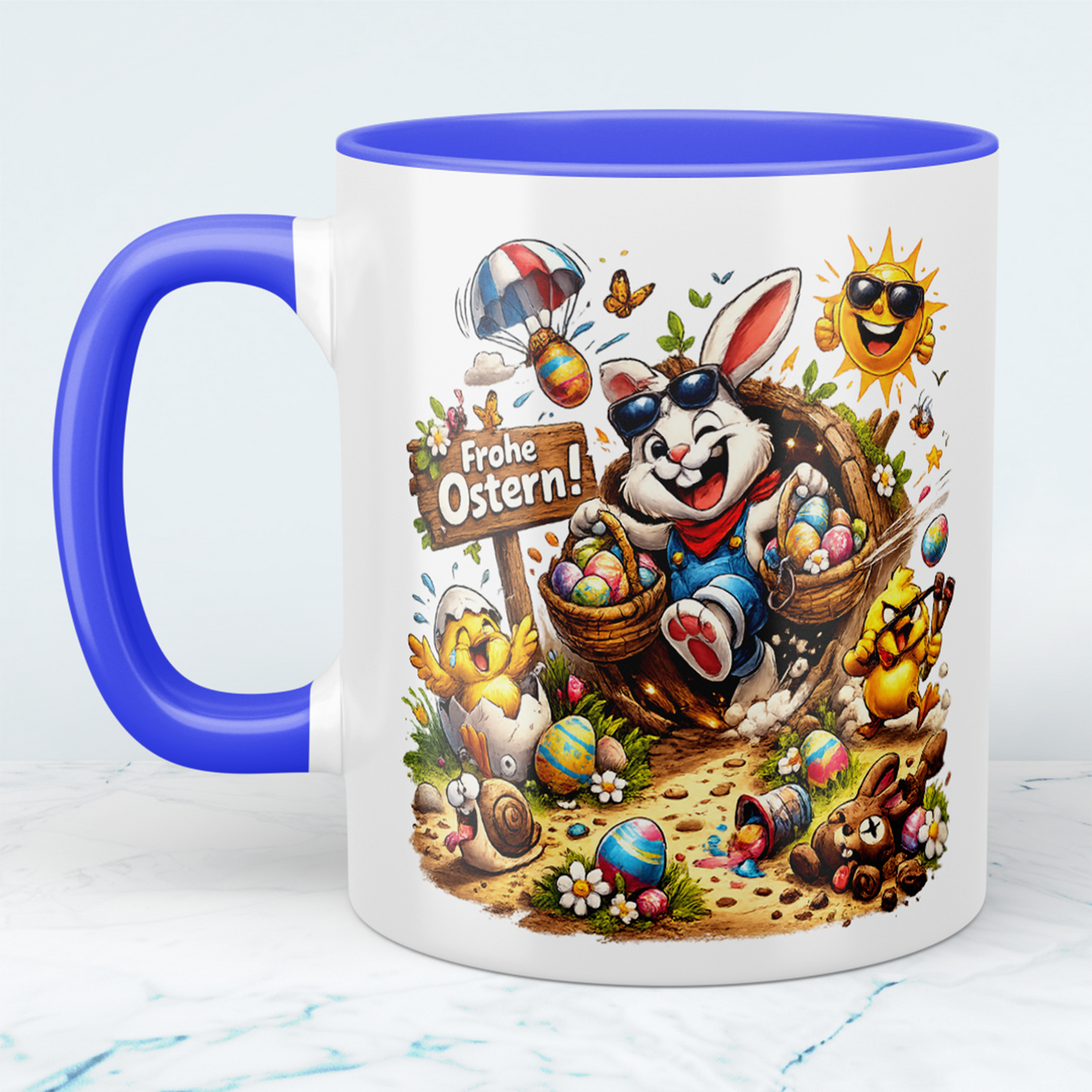 Frohe Ostern Tasse mit Osterhase & Küken – Lustiges Ostergeschenk für Kinder & Familie