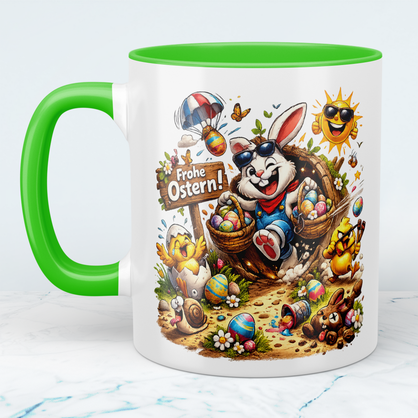 Frohe Ostern Tasse mit Osterhase & Küken – Lustiges Ostergeschenk für Kinder & Familie