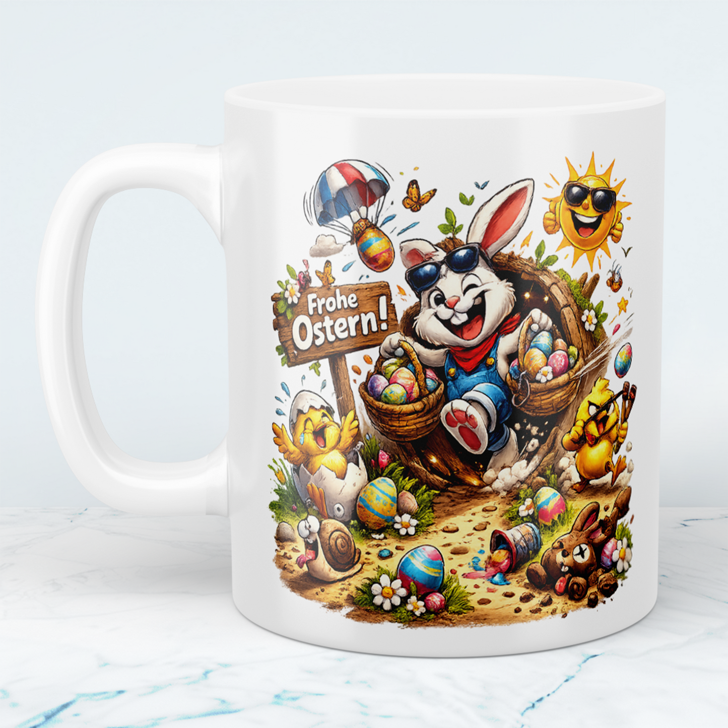 Frohe Ostern Tasse mit Osterhase & Küken – Lustiges Ostergeschenk für Kinder & Familie
