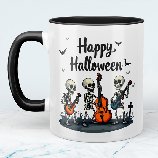 Lustige Halloween Tasse mit musizierenden Skeletten – Bedruckter Becher für gruselige Kaffeepausen!