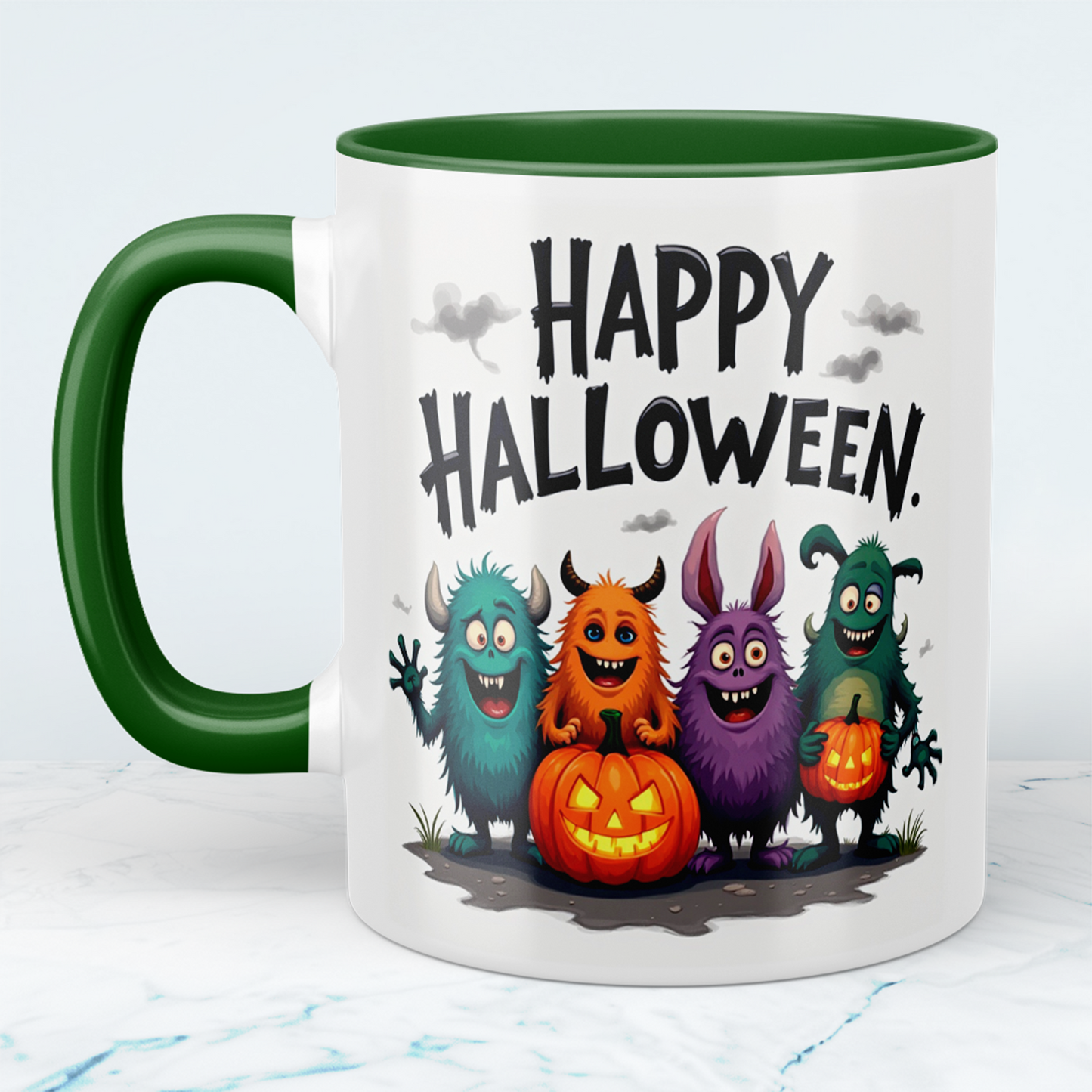 Lustige, bedruckte Tasse mit humorvollen Wesen – Perfektes Geschenk für ein fröhliches Happy Halloween!