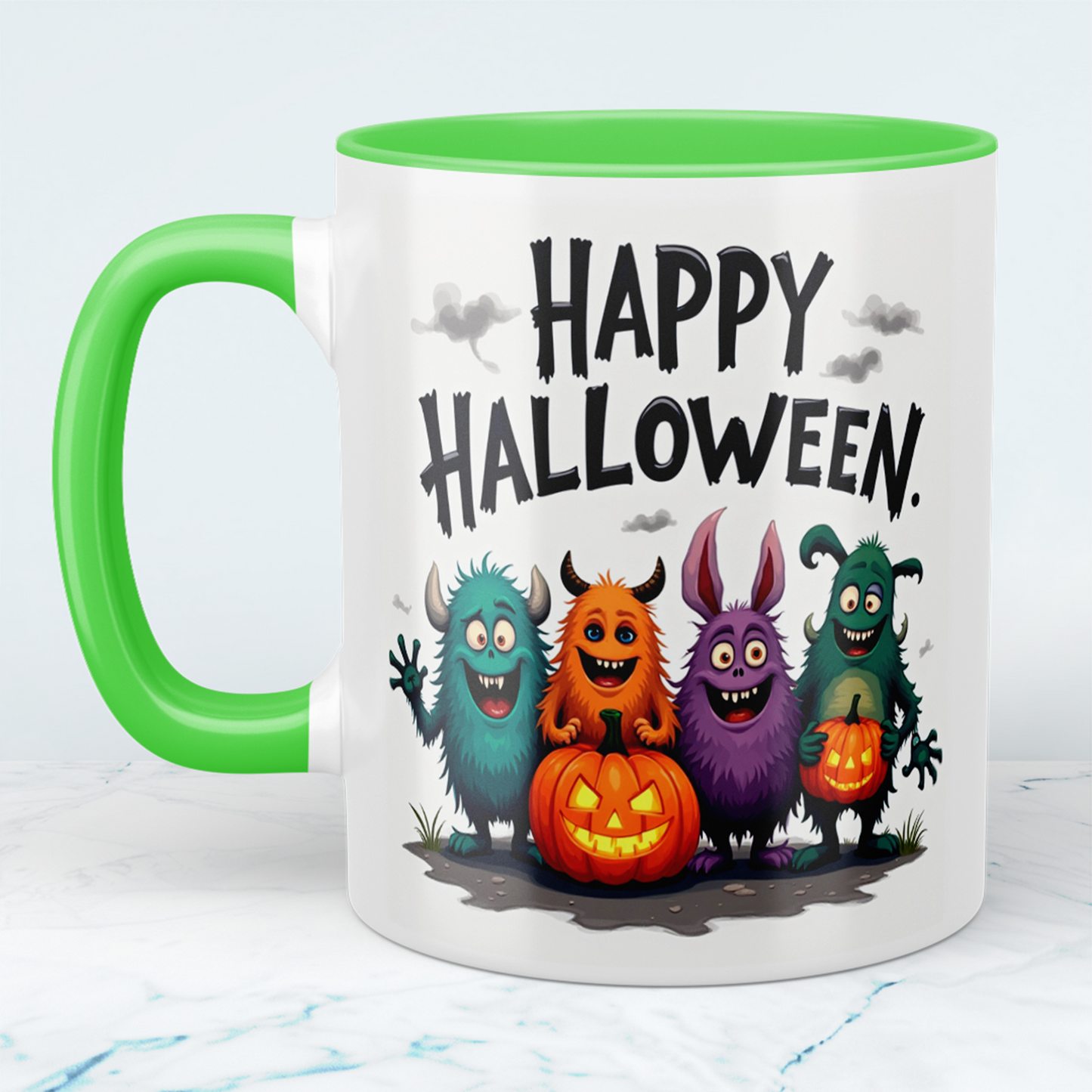 Lustige, bedruckte Tasse mit humorvollen Wesen – Perfektes Geschenk für ein fröhliches Happy Halloween!