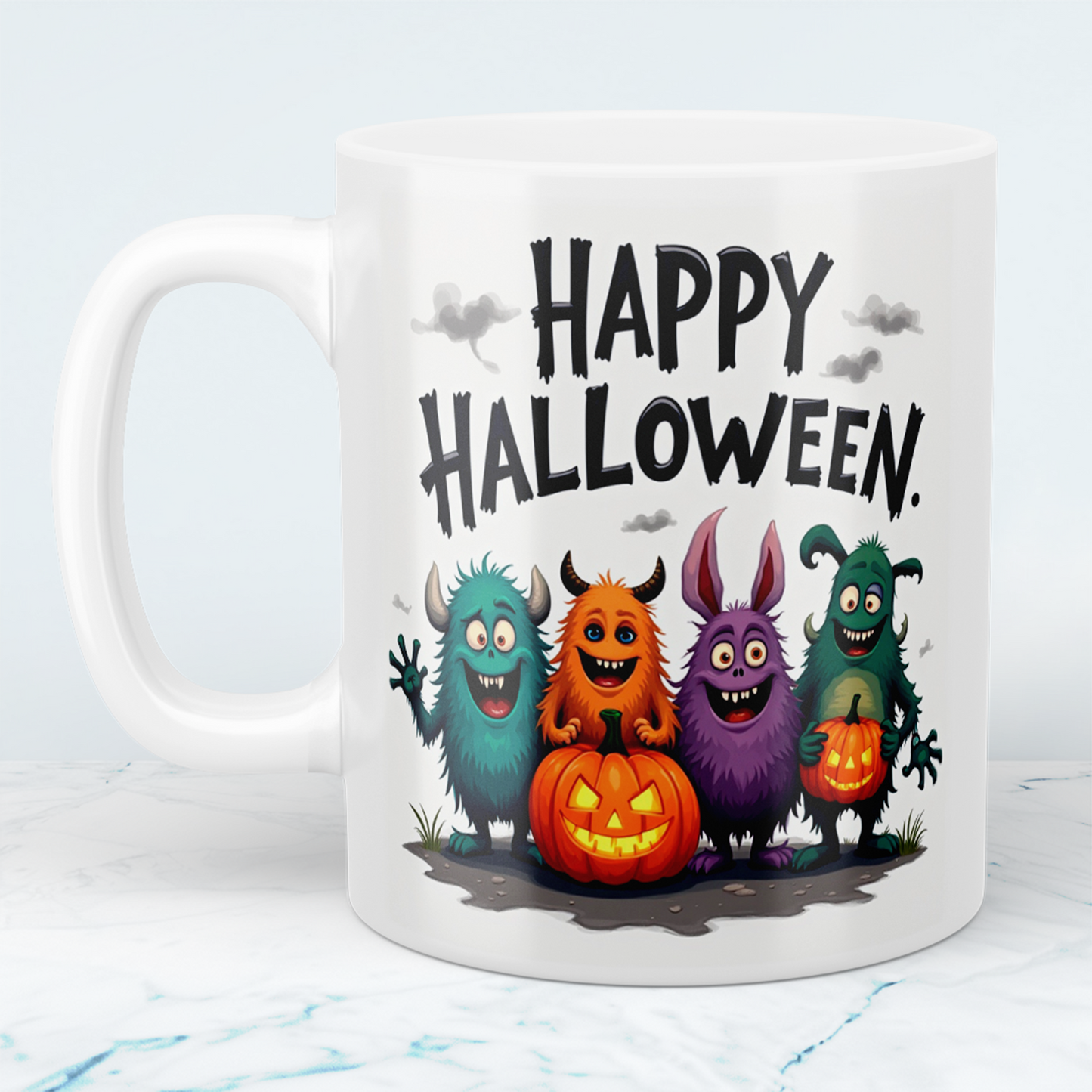Lustige, bedruckte Tasse mit humorvollen Wesen – Perfektes Geschenk für ein fröhliches Happy Halloween!