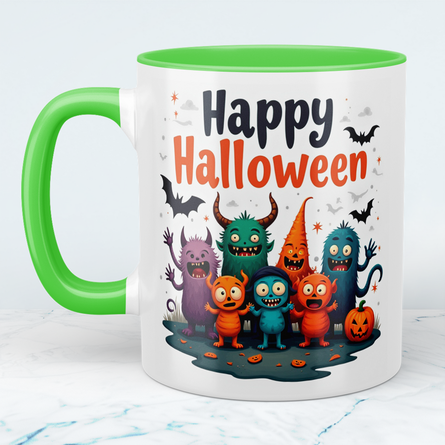 Fantasievolle Happy Halloween Tasse mit lustigen Figuren – Perfekt für Ihre gruselige Kaffeepause!