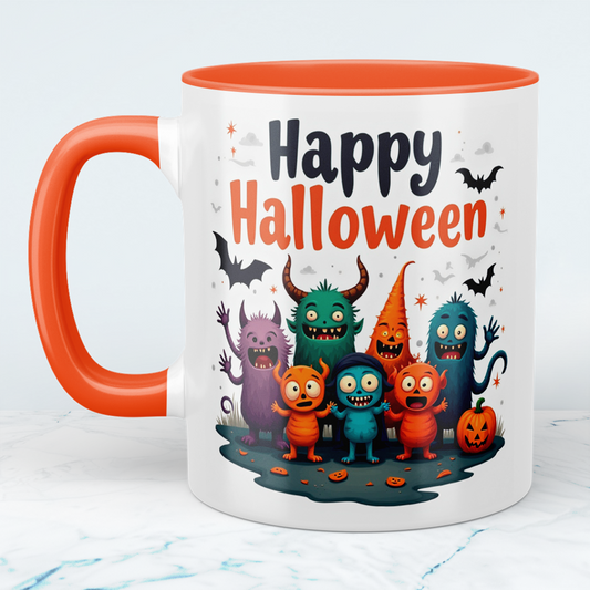 Fantasievolle Happy Halloween Tasse mit lustigen Figuren – Perfekt für Ihre gruselige Kaffeepause!