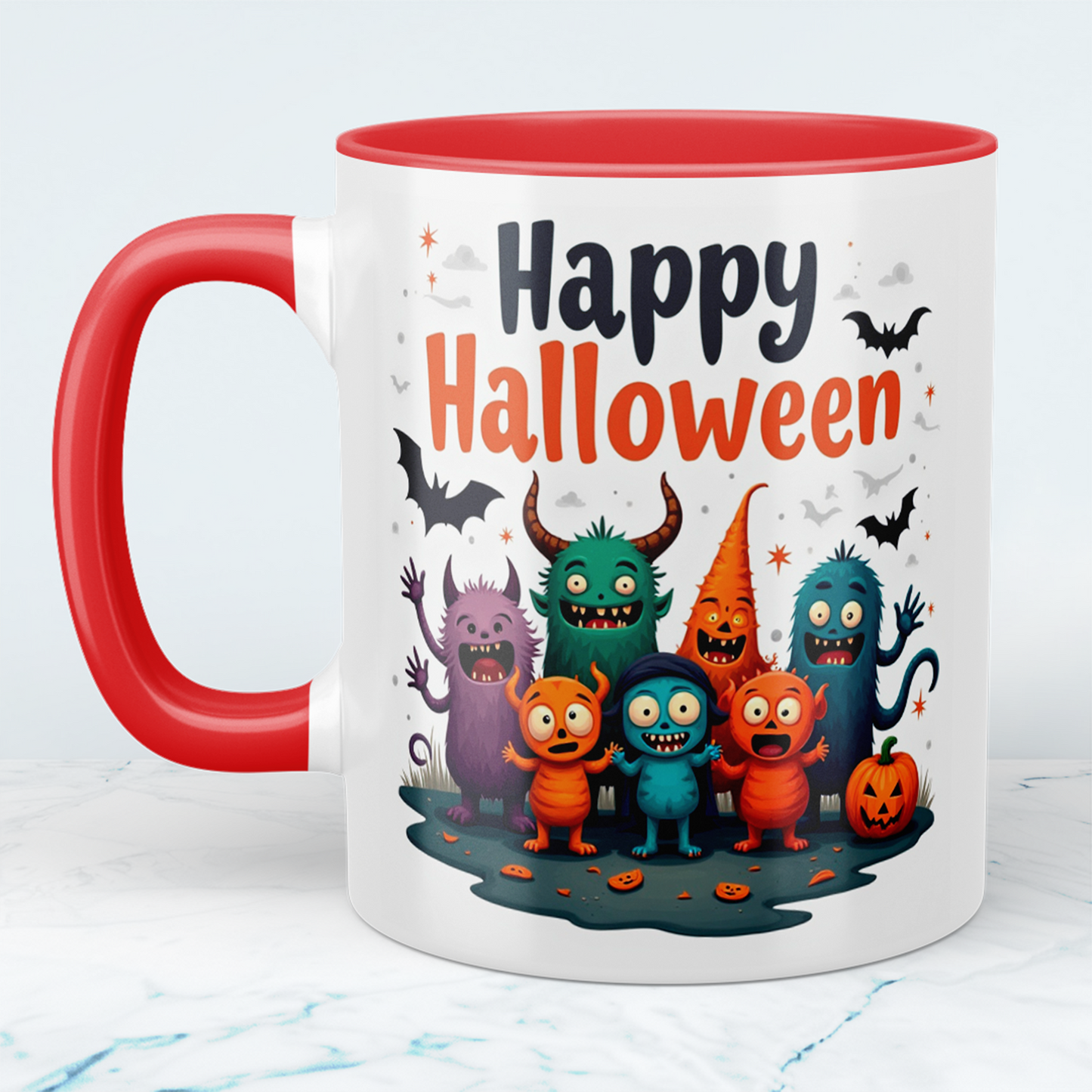 Fantasievolle Happy Halloween Tasse mit lustigen Figuren – Perfekt für Ihre gruselige Kaffeepause!