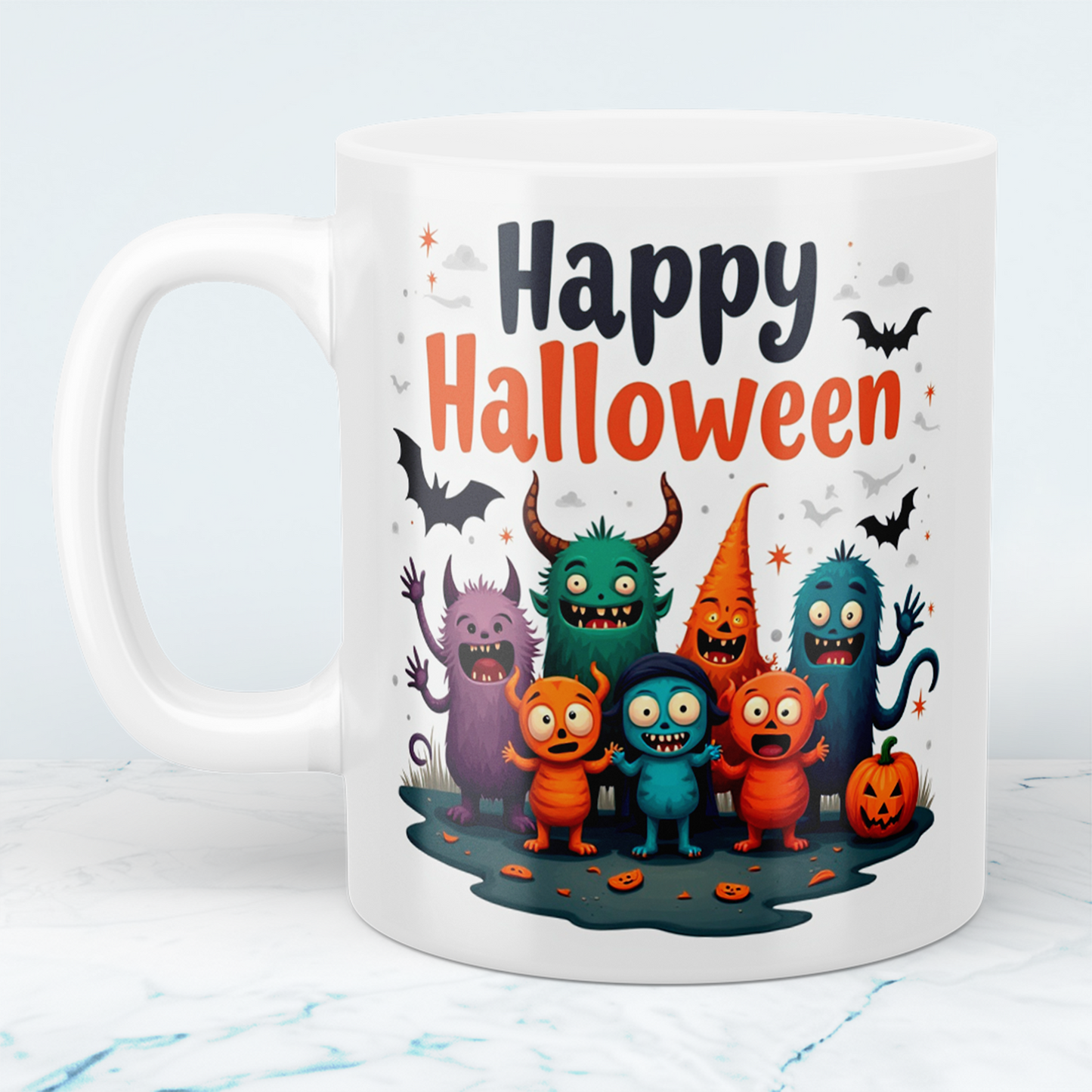 Fantasievolle Happy Halloween Tasse mit lustigen Figuren – Perfekt für Ihre gruselige Kaffeepause!