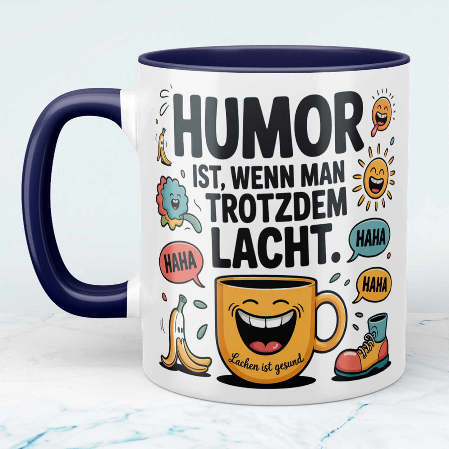 Humorvolle Kaffeetasse für Büro & Homeoffice – Spruch: Humor ist, wenn man trotzdem lacht