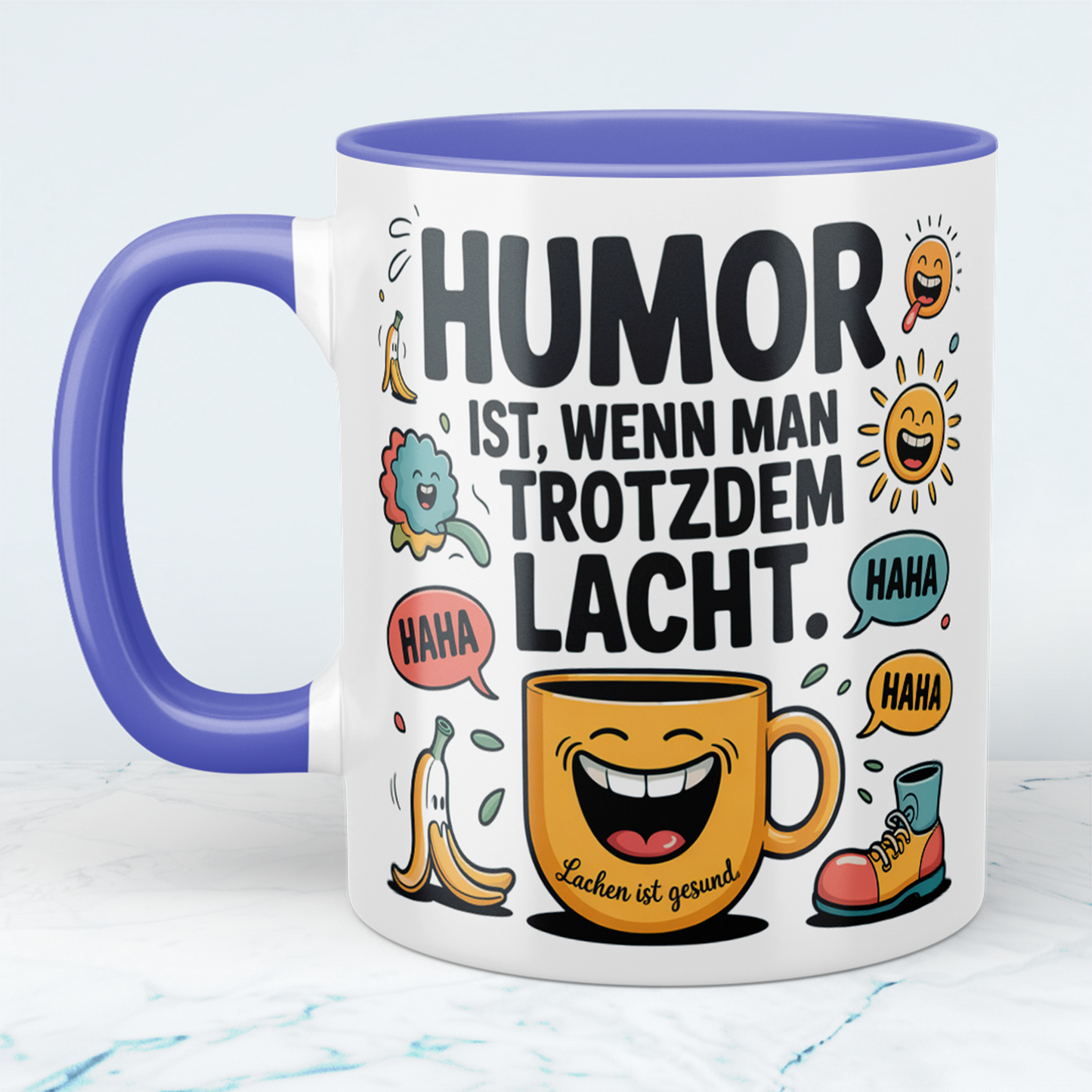 Humorvolle Kaffeetasse für Büro & Homeoffice – Spruch: Humor ist, wenn man trotzdem lacht