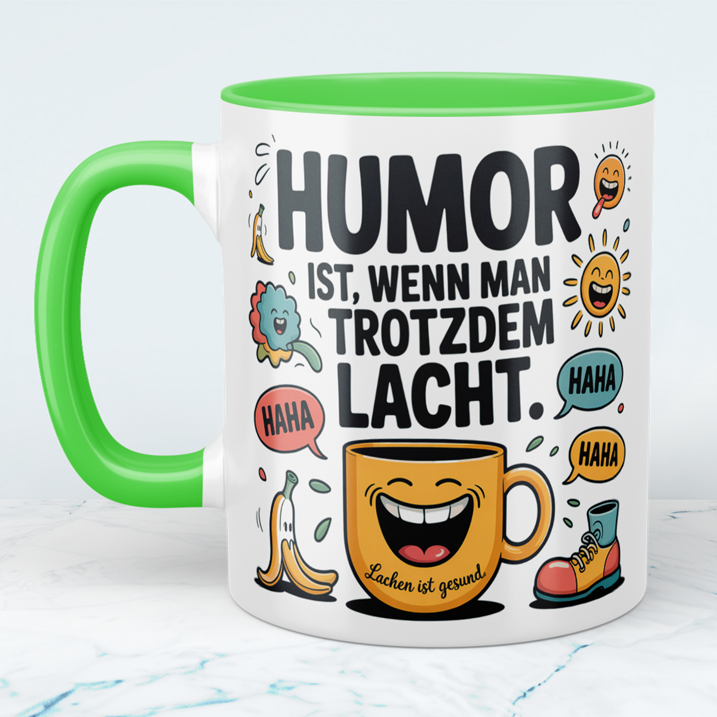 Humorvolle Kaffeetasse für Büro & Homeoffice – Spruch: Humor ist, wenn man trotzdem lacht
