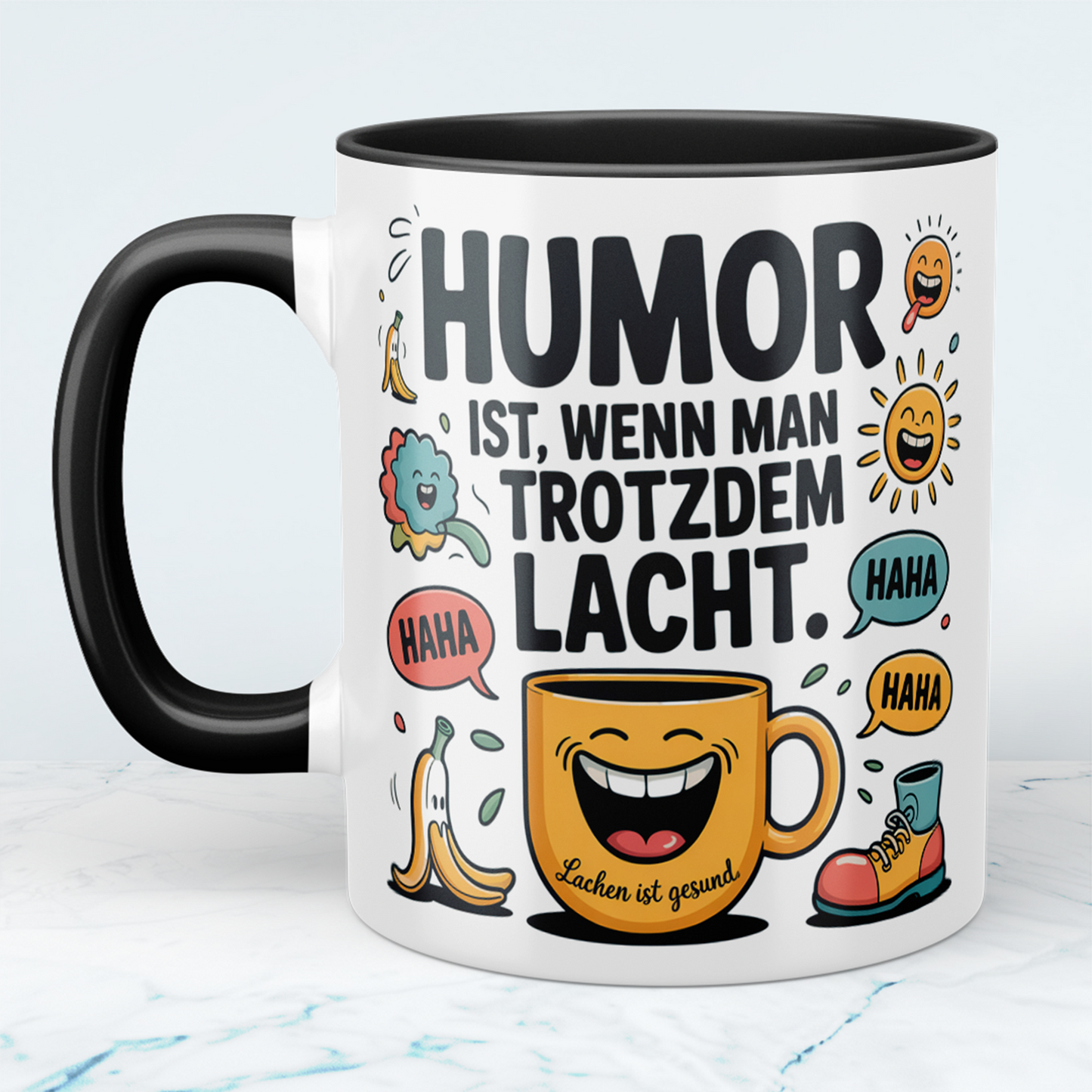 Humorvolle Kaffeetasse für Büro & Homeoffice – Spruch: Humor ist, wenn man trotzdem lacht