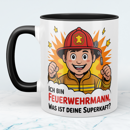 Bedruckte Feuerwehr-Tasse mit Spruch: Ich bin Feuerwehrmann - Was ist Deine Superkraft? – Tolle Geschenkidee!