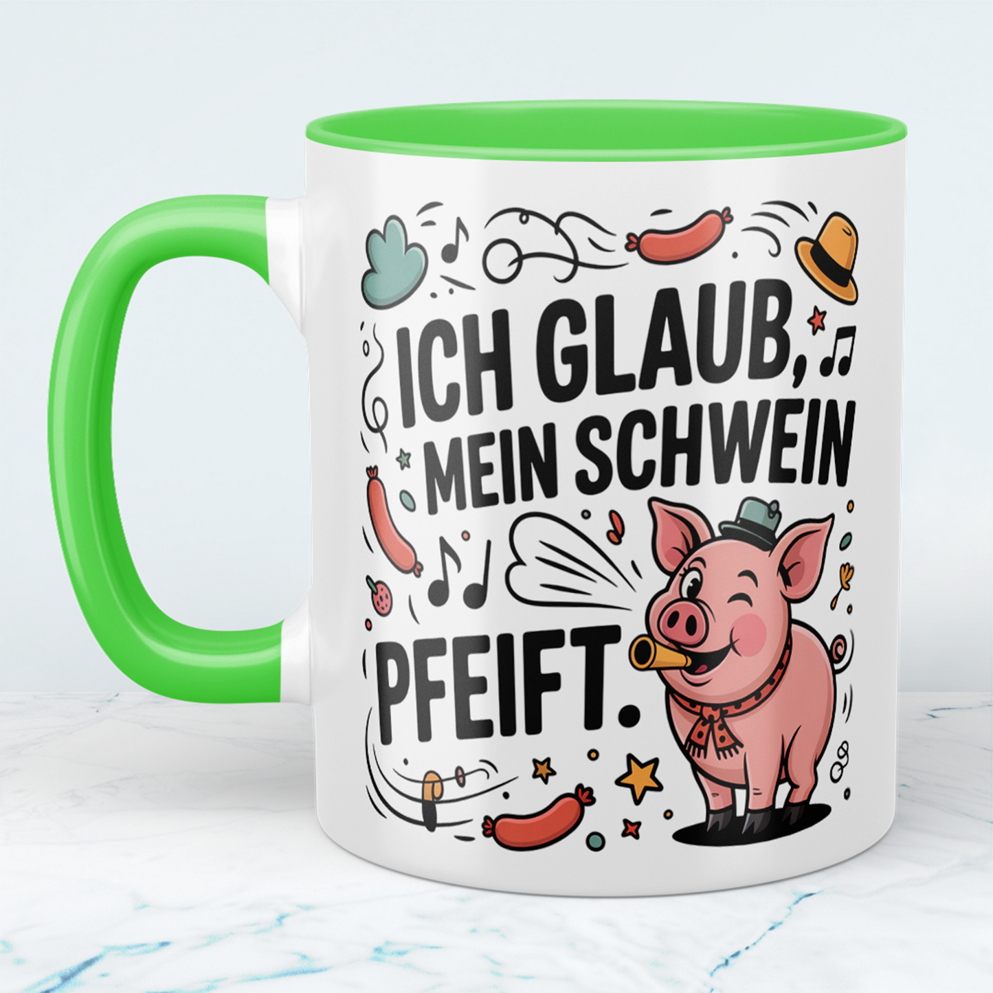 Geschenk für Kollegen – Lustige Bürotasse mit Spruch: Ich glaub, mein Schwein pfeift