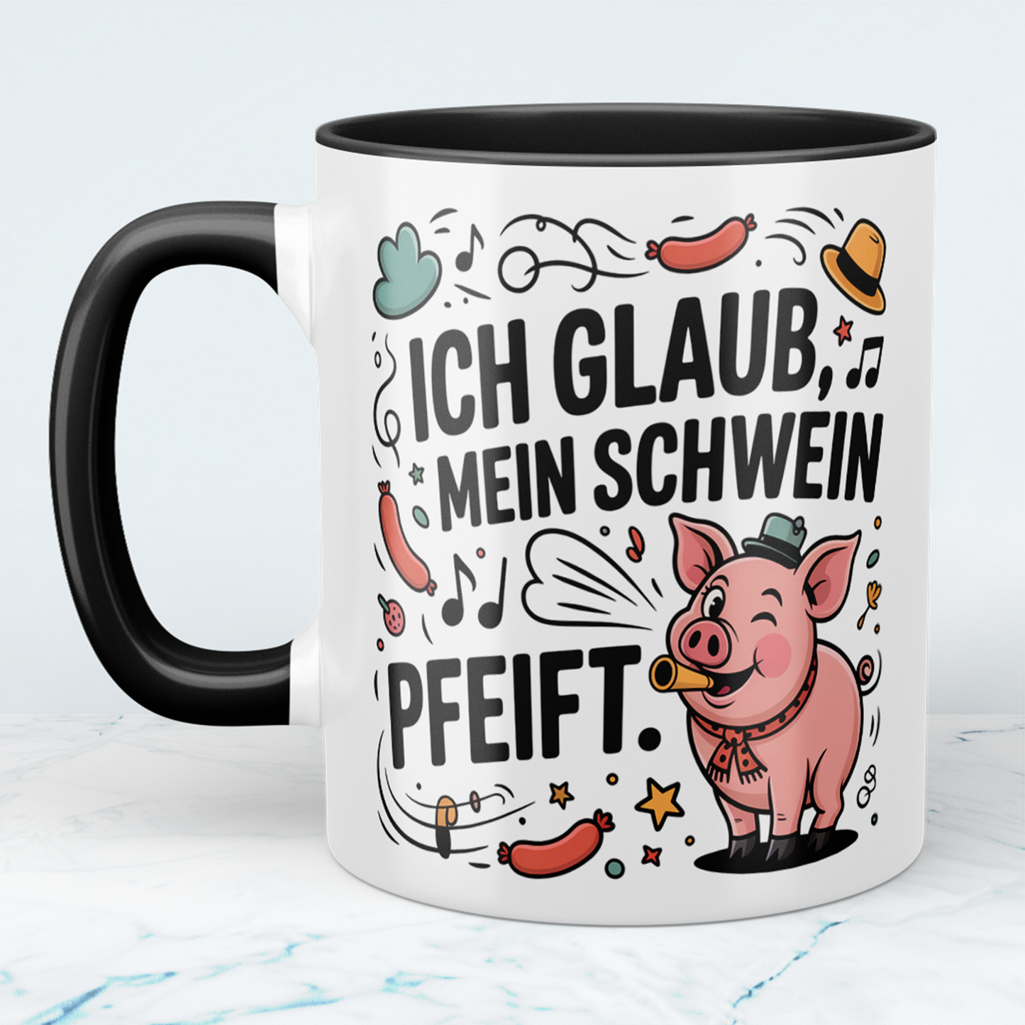 Geschenk für Kollegen – Lustige Bürotasse mit Spruch: Ich glaub, mein Schwein pfeift