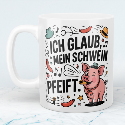 Geschenk für Kollegen – Lustige Bürotasse mit Spruch: Ich glaub, mein Schwein pfeift