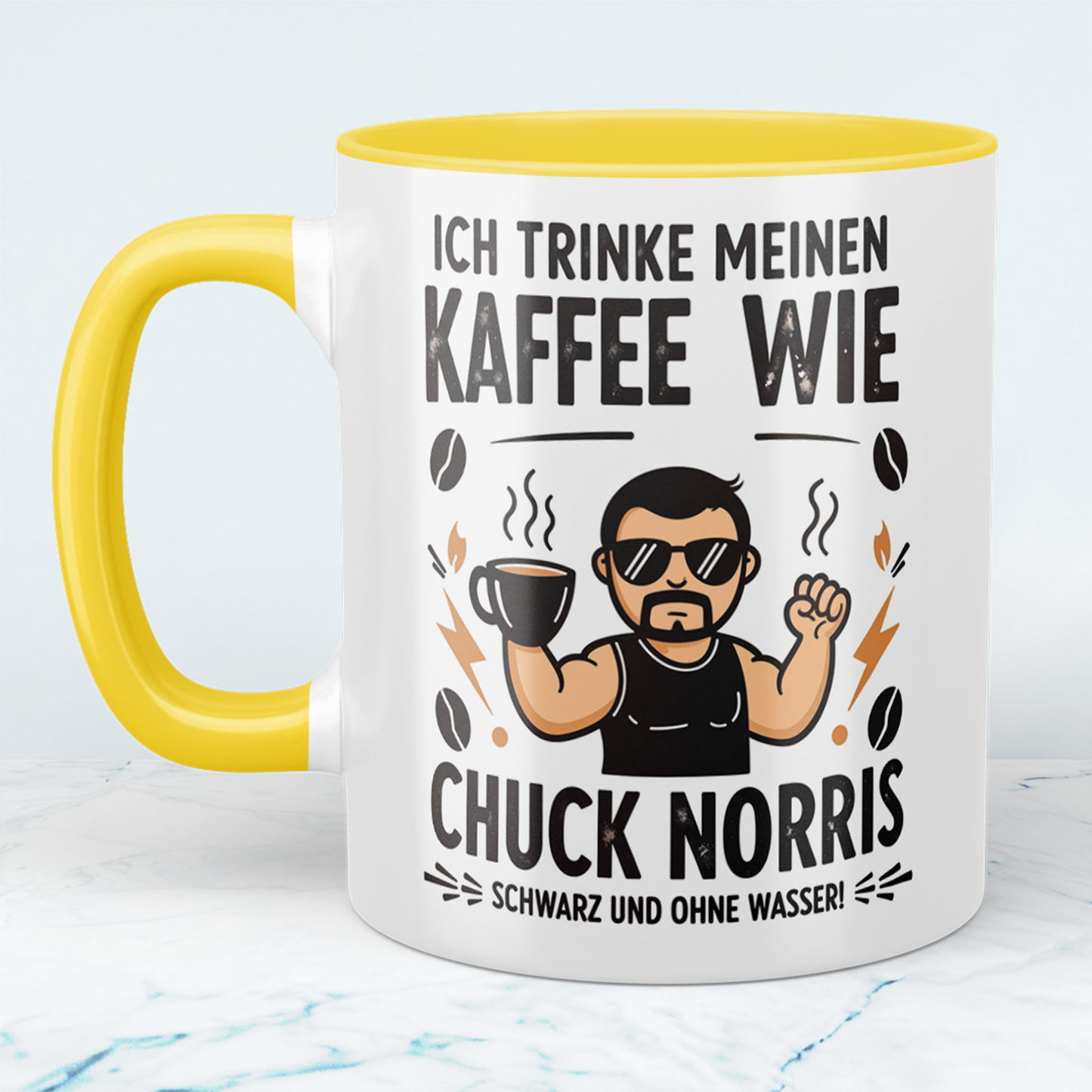 Lustige Chuck Norris Tasse – Ich trinke meinen Kaffee wie Chuck Norris: Schwarz und ohne Wasser