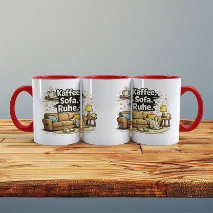 Lustige Kaffeetasse „Kaffee. Sofa. Ruhe.“ – Minimalistischer Spruch Becher Geschenk
