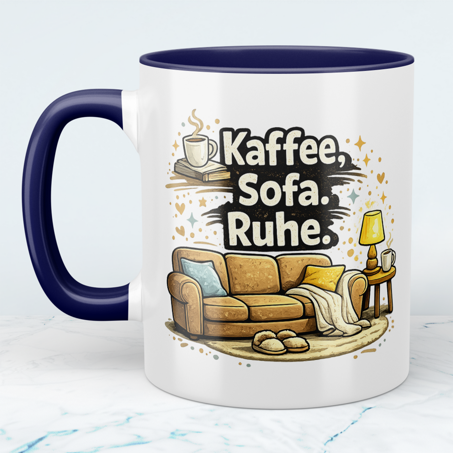 Lustige Kaffeetasse „Kaffee. Sofa. Ruhe.“ – Minimalistischer Spruch Becher Geschenk