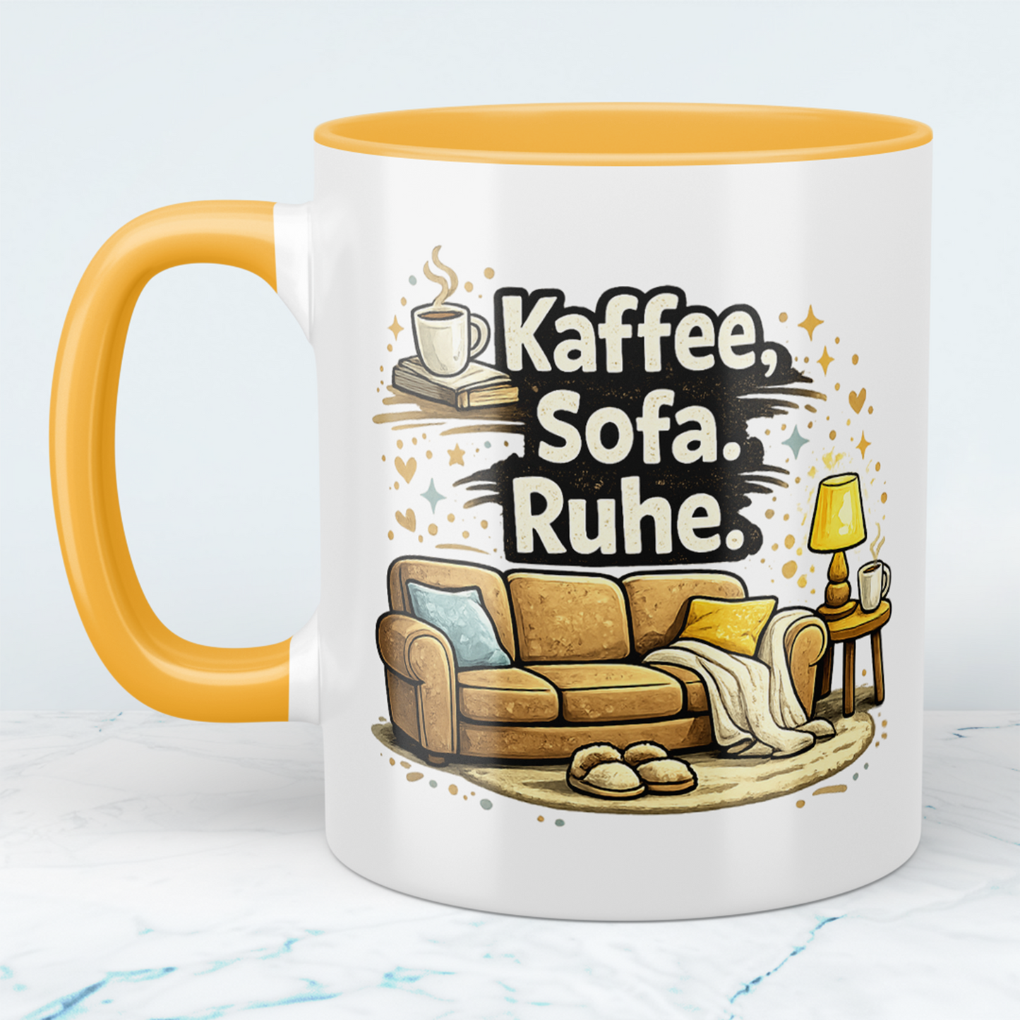 Lustige Kaffeetasse „Kaffee. Sofa. Ruhe.“ – Minimalistischer Spruch Becher Geschenk