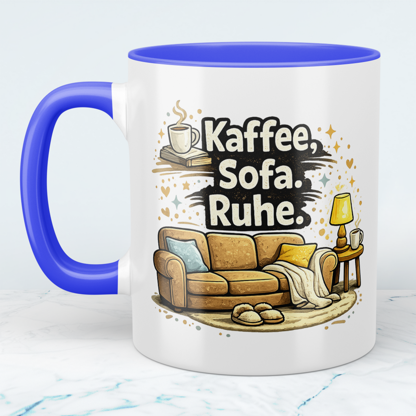 Lustige Kaffeetasse „Kaffee. Sofa. Ruhe.“ – Minimalistischer Spruch Becher Geschenk