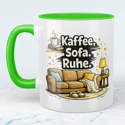 Lustige Kaffeetasse „Kaffee. Sofa. Ruhe.“ – Minimalistischer Spruch Becher Geschenk