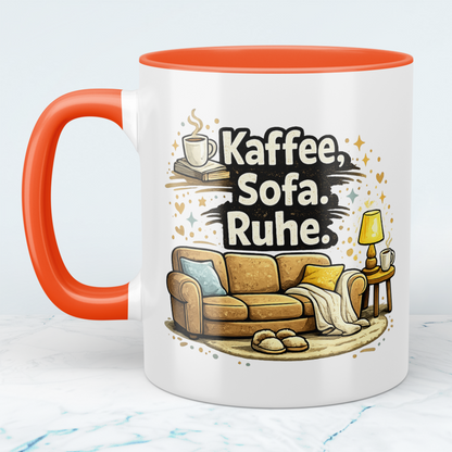 Lustige Kaffeetasse „Kaffee. Sofa. Ruhe.“ – Minimalistischer Spruch Becher Geschenk