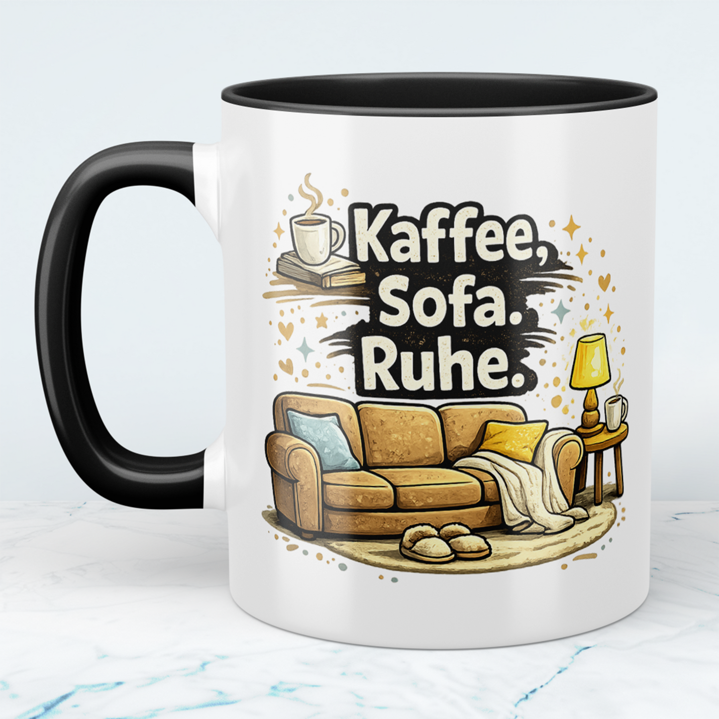 Lustige Kaffeetasse „Kaffee. Sofa. Ruhe.“ – Minimalistischer Spruch Becher Geschenk