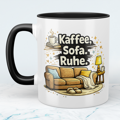 Lustige Kaffeetasse „Kaffee. Sofa. Ruhe.“ – Minimalistischer Spruch Becher Geschenk