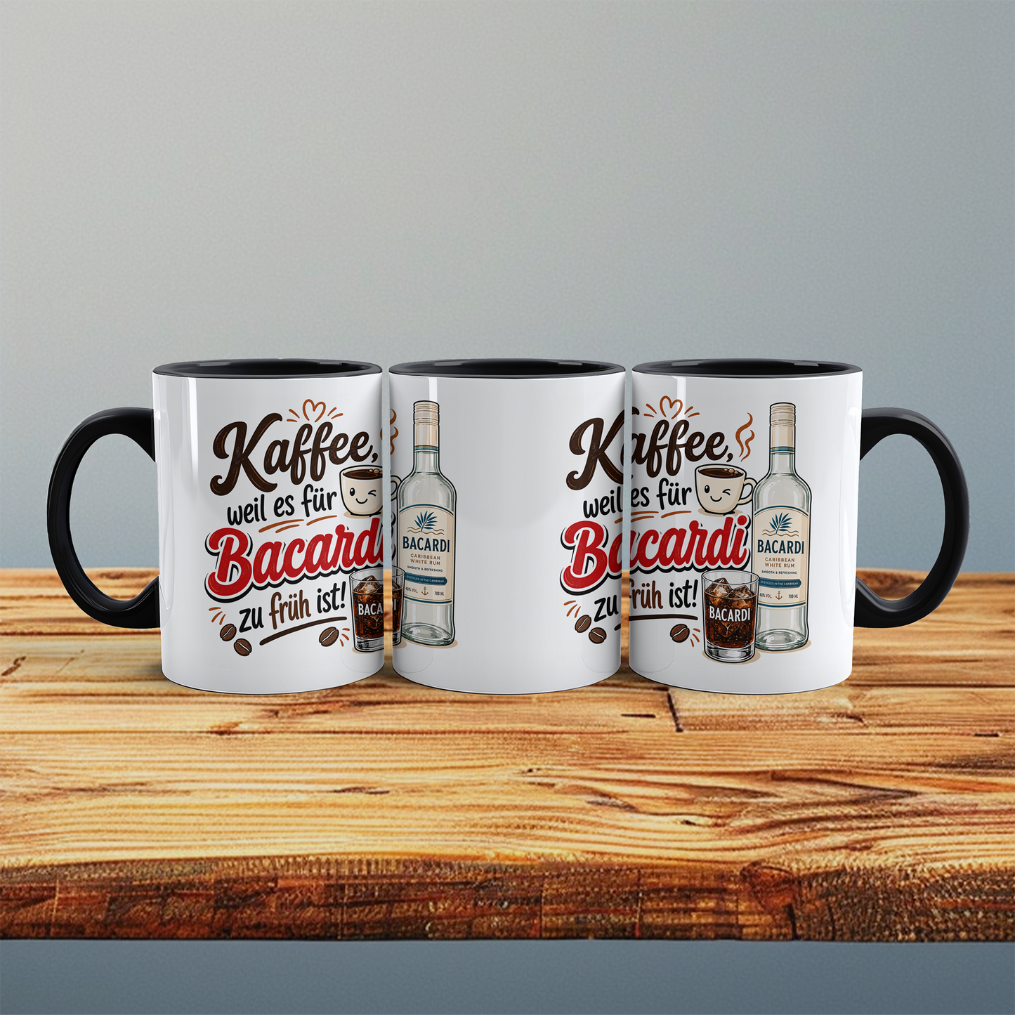Kaffeetasse „Kaffee, weil es für Bacardi zu früh ist“ – Lustige Spruchtasse für Kaffee & Rum Fans