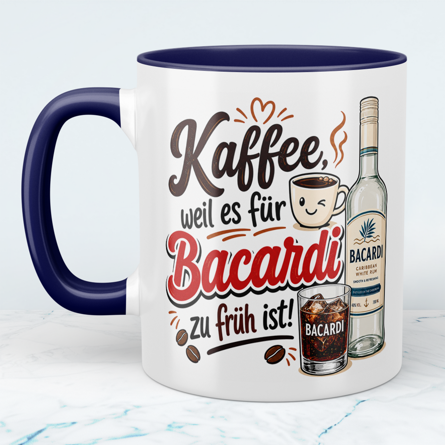 Kaffeetasse „Kaffee, weil es für Bacardi zu früh ist“ – Lustige Spruchtasse für Kaffee & Rum Fans