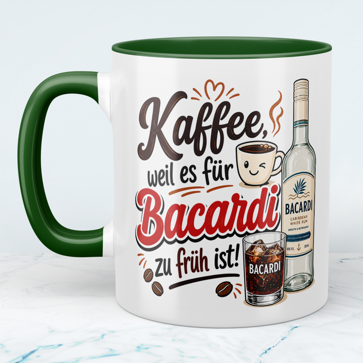 Kaffeetasse „Kaffee, weil es für Bacardi zu früh ist“ – Lustige Spruchtasse für Kaffee & Rum Fans