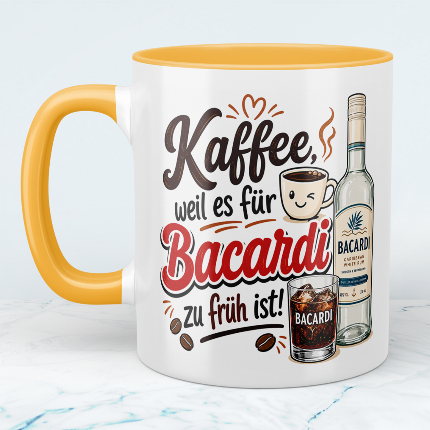 Kaffeetasse „Kaffee, weil es für Bacardi zu früh ist“ – Lustige Spruchtasse für Kaffee & Rum Fans