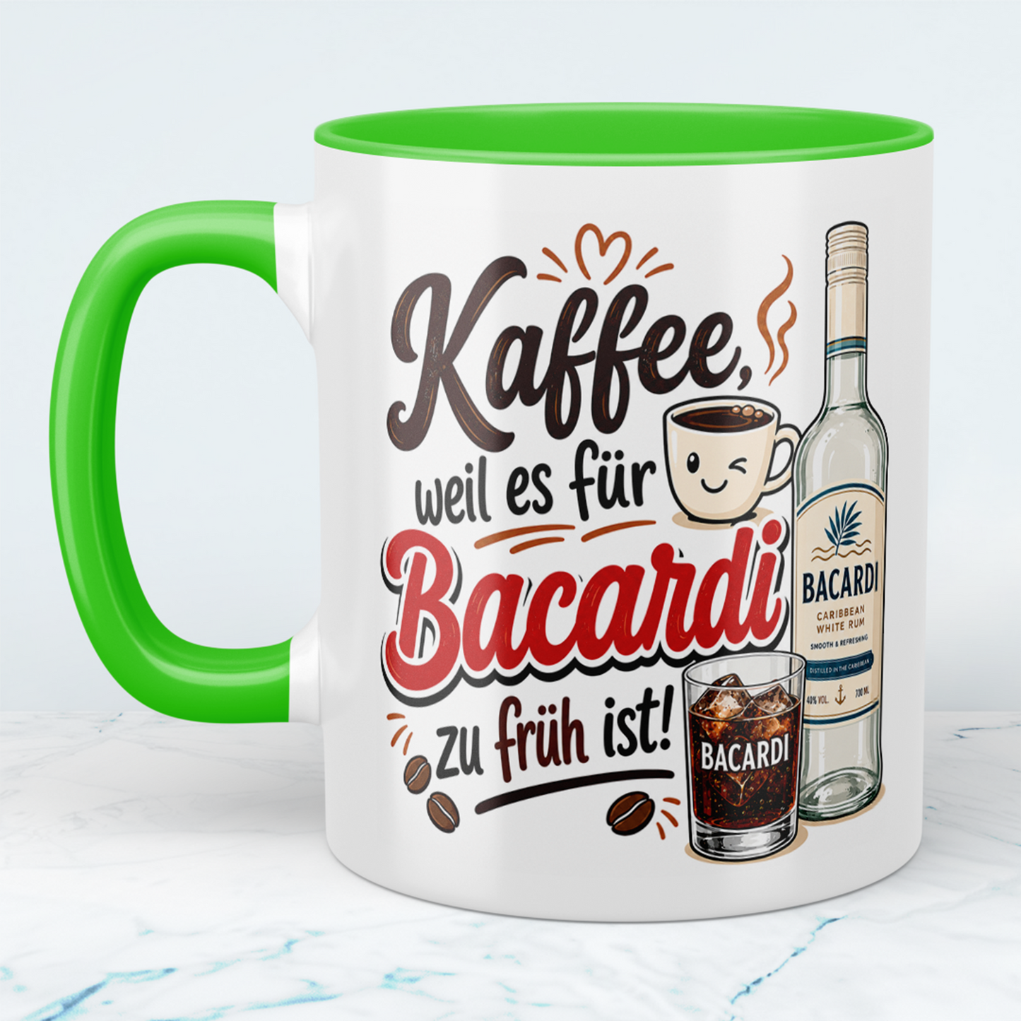 Kaffeetasse „Kaffee, weil es für Bacardi zu früh ist“ – Lustige Spruchtasse für Kaffee & Rum Fans