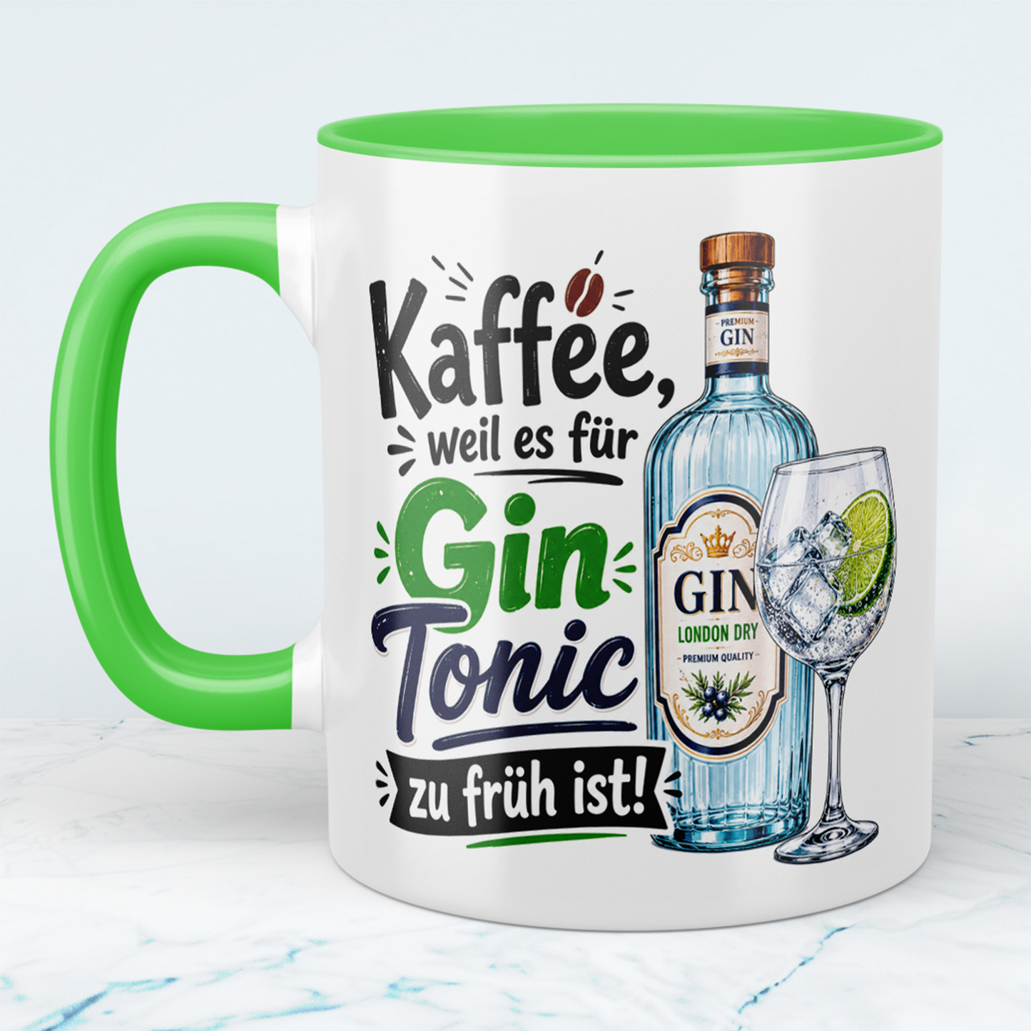 Lustige Gin Tonic Tasse – „Kaffee, weil es für Gin Tonic zu früh ist!“ – Geschenk für Kaffee- & Gin-Liebhaber