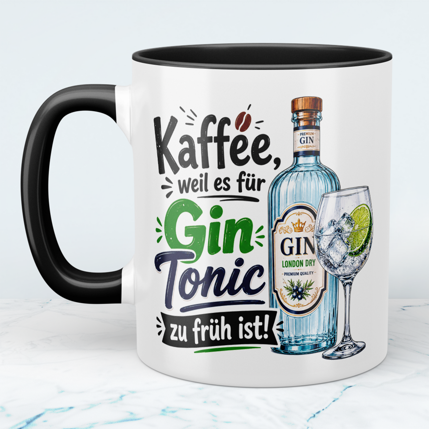 Lustige Gin Tonic Tasse – „Kaffee, weil es für Gin Tonic zu früh ist!“ – Geschenk für Kaffee- & Gin-Liebhaber