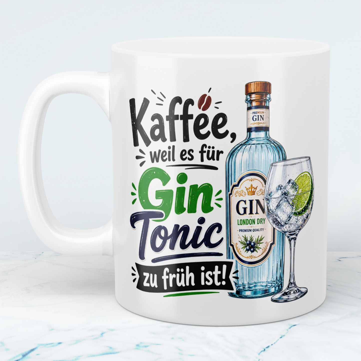Lustige Gin Tonic Tasse – „Kaffee, weil es für Gin Tonic zu früh ist!“ – Geschenk für Kaffee- & Gin-Liebhaber