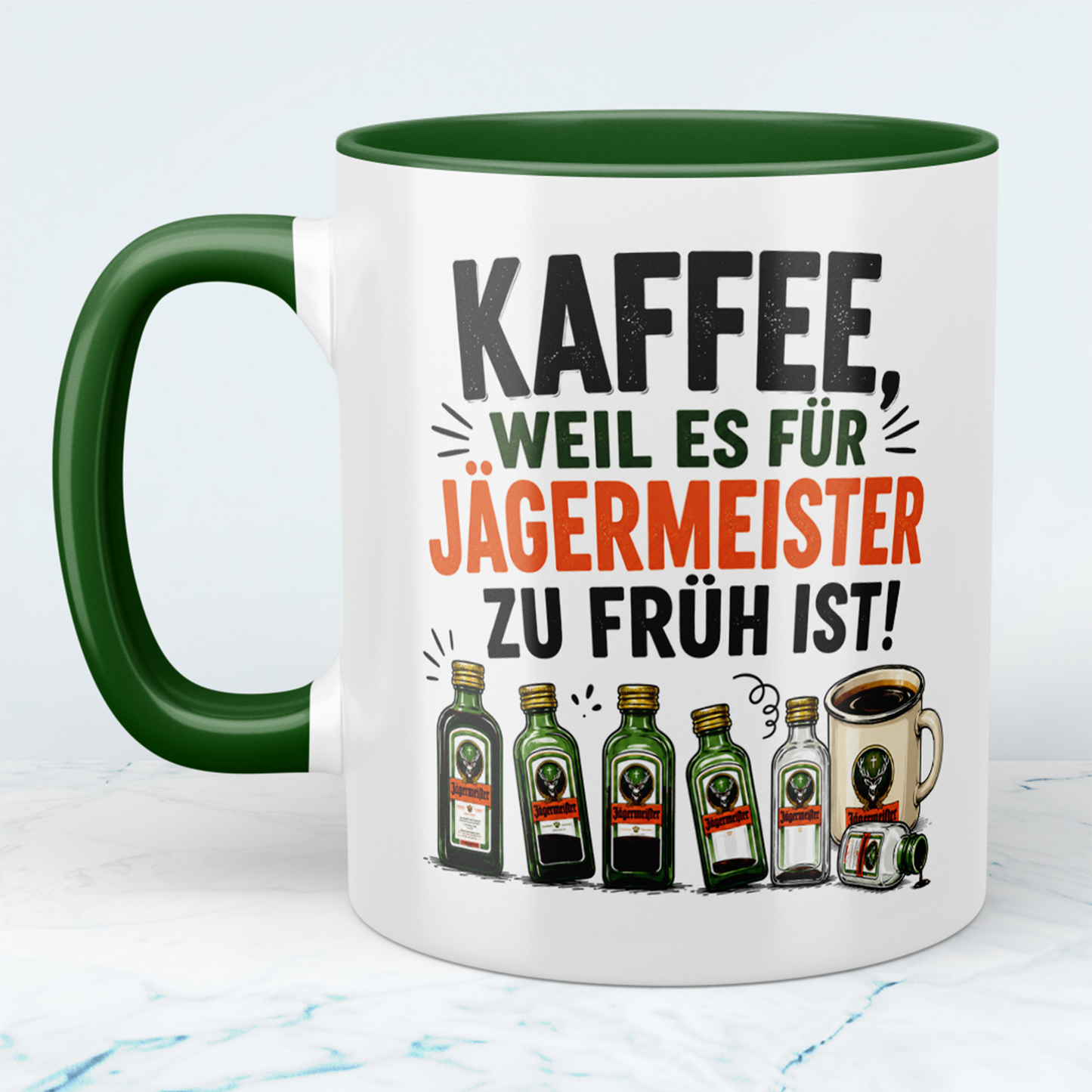 Lustige Kaffeetasse „Kaffee, weil es für Jägermeister zu früh ist“ – Geschenk für Kaffee- & Jägermeister-Fans