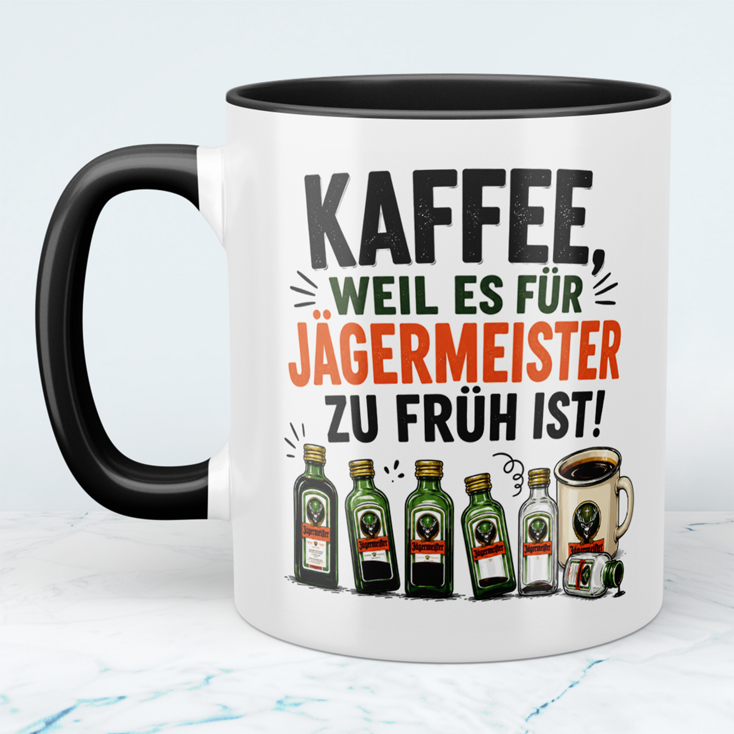 Lustige Kaffeetasse „Kaffee, weil es für Jägermeister zu früh ist“ – Geschenk für Kaffee- & Jägermeister-Fans