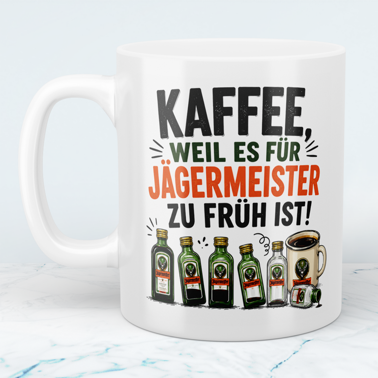 Lustige Kaffeetasse „Kaffee, weil es für Jägermeister zu früh ist“ – Geschenk für Kaffee- & Jägermeister-Fans