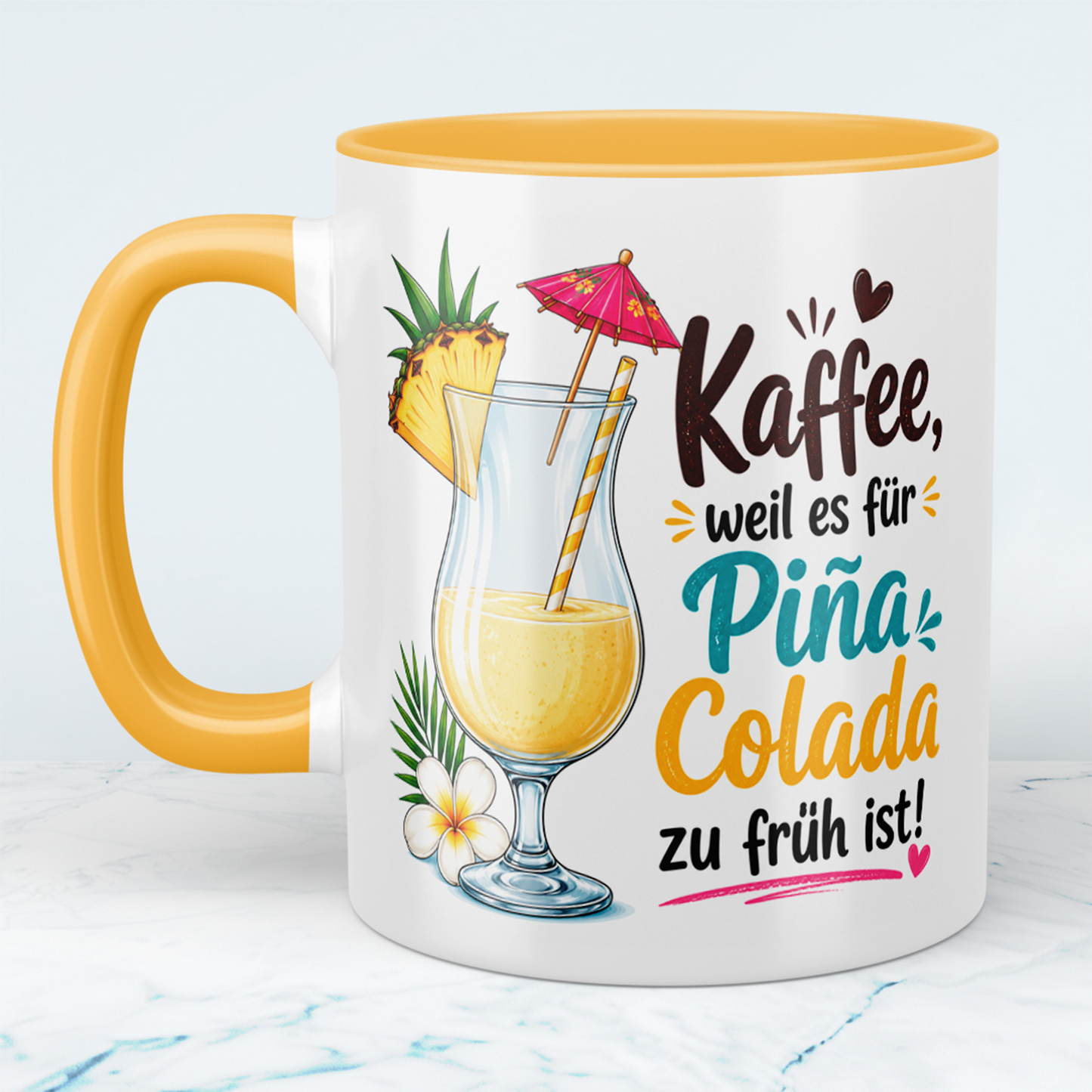 Lustige Kaffee Tasse mit Spruch „Kaffee, weil es für Piña Colada zu früh ist!“ – Geschenk für Kaffeeliebhaber