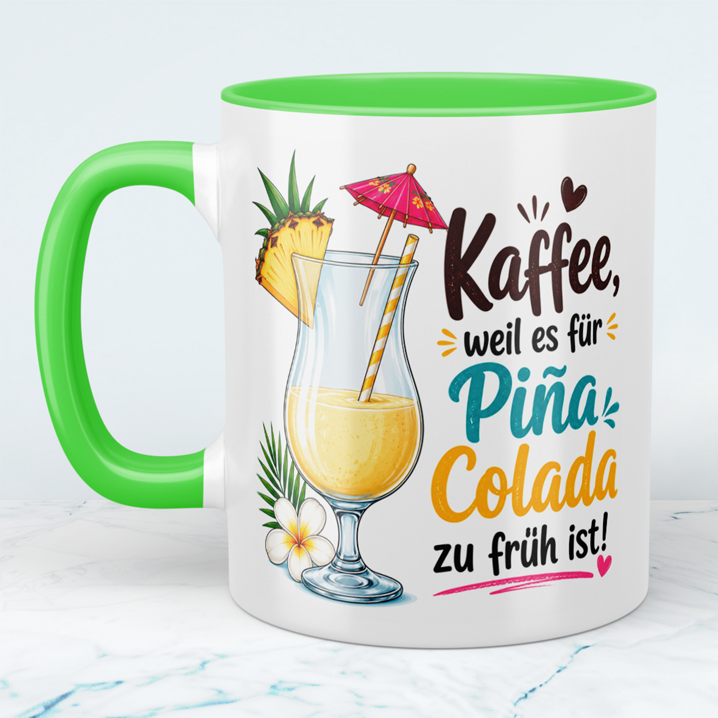 Lustige Kaffee Tasse mit Spruch „Kaffee, weil es für Piña Colada zu früh ist!“ – Geschenk für Kaffeeliebhaber