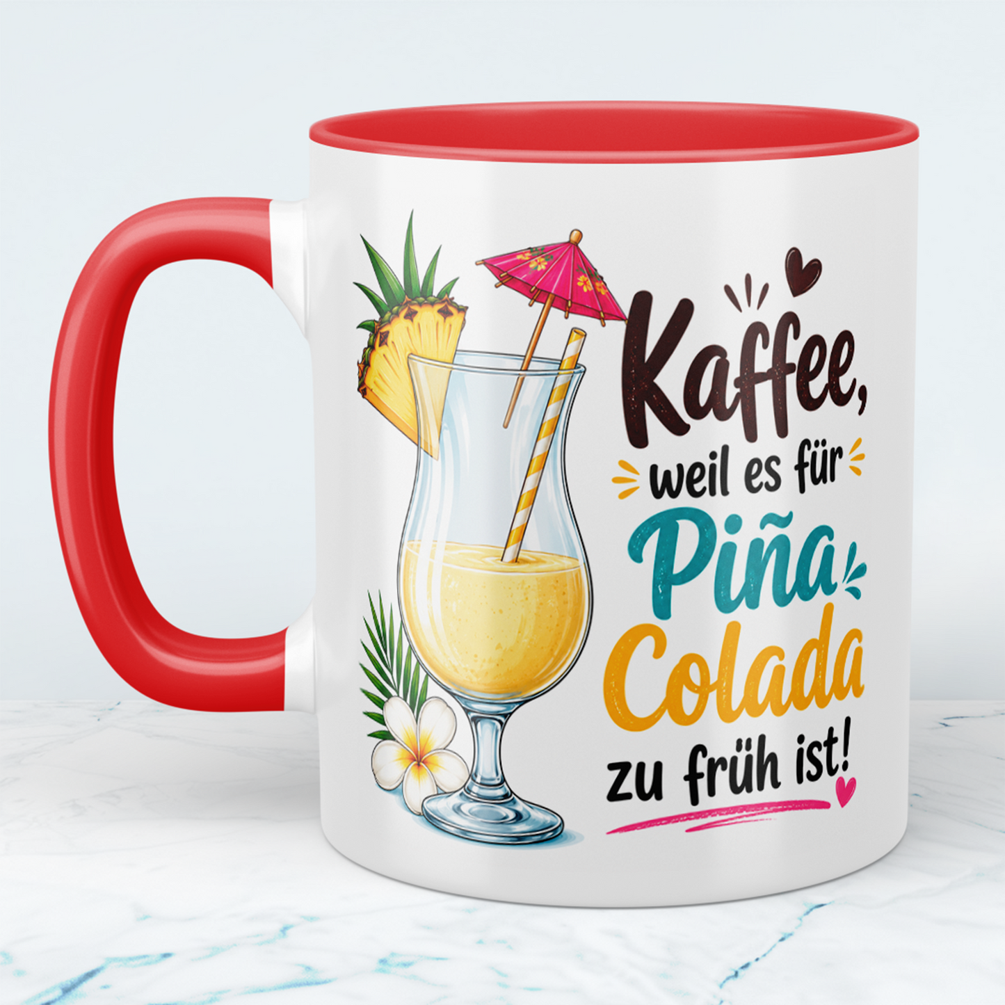 Lustige Kaffee Tasse mit Spruch „Kaffee, weil es für Piña Colada zu früh ist!“ – Geschenk für Kaffeeliebhaber