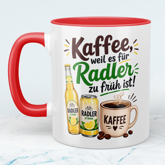 Lustige Kaffeetasse „Kaffee, weil es für Radler zu früh ist!“ – Geschenk für Radler- und Kaffee-Fans