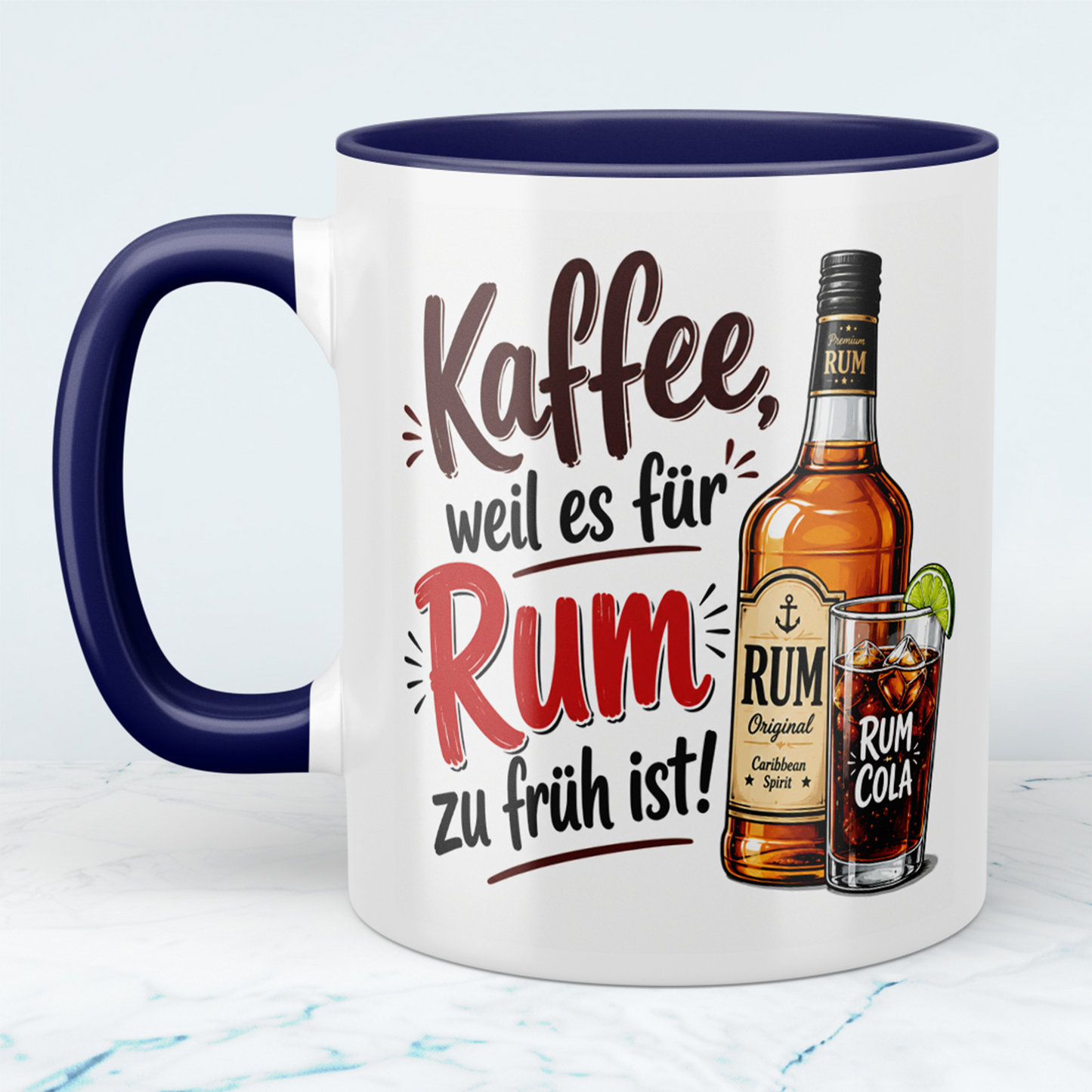 Lustige Kaffeetasse „Kaffee, weil es für Rum zu früh ist“ mit Rum-Cola Motiv