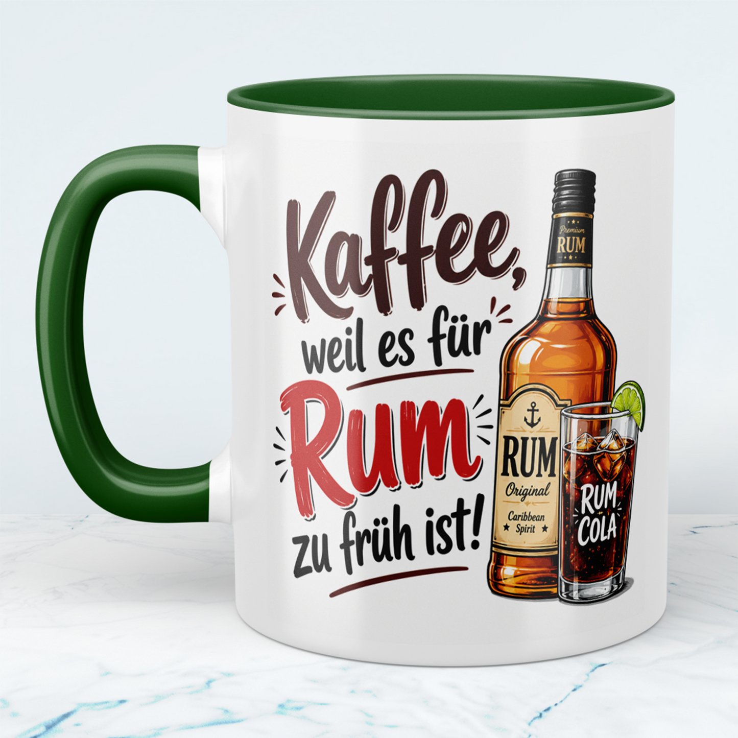 Lustige Kaffeetasse „Kaffee, weil es für Rum zu früh ist“ mit Rum-Cola Motiv