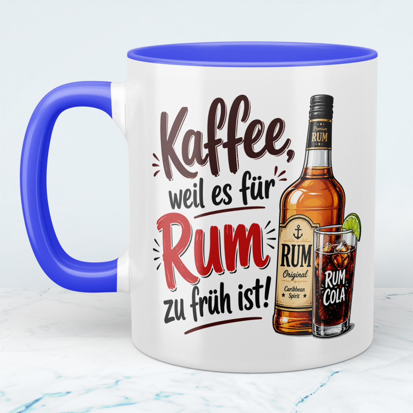 Lustige Kaffeetasse „Kaffee, weil es für Rum zu früh ist“ mit Rum-Cola Motiv