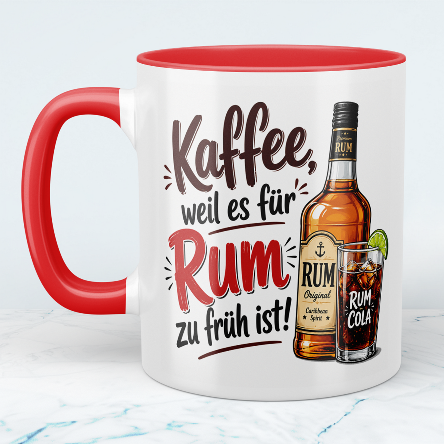 Lustige Kaffeetasse „Kaffee, weil es für Rum zu früh ist“ mit Rum-Cola Motiv