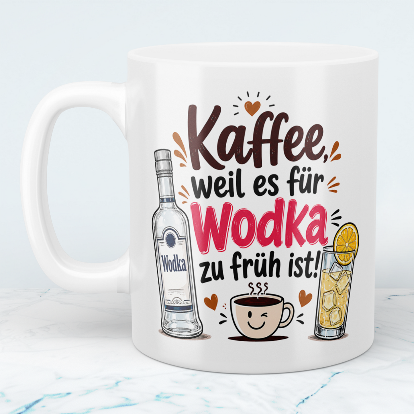 Lustige Kaffee Tasse „Kaffee, weil es für Wodka zu früh ist“ – Geschenk für Morgenmuffel